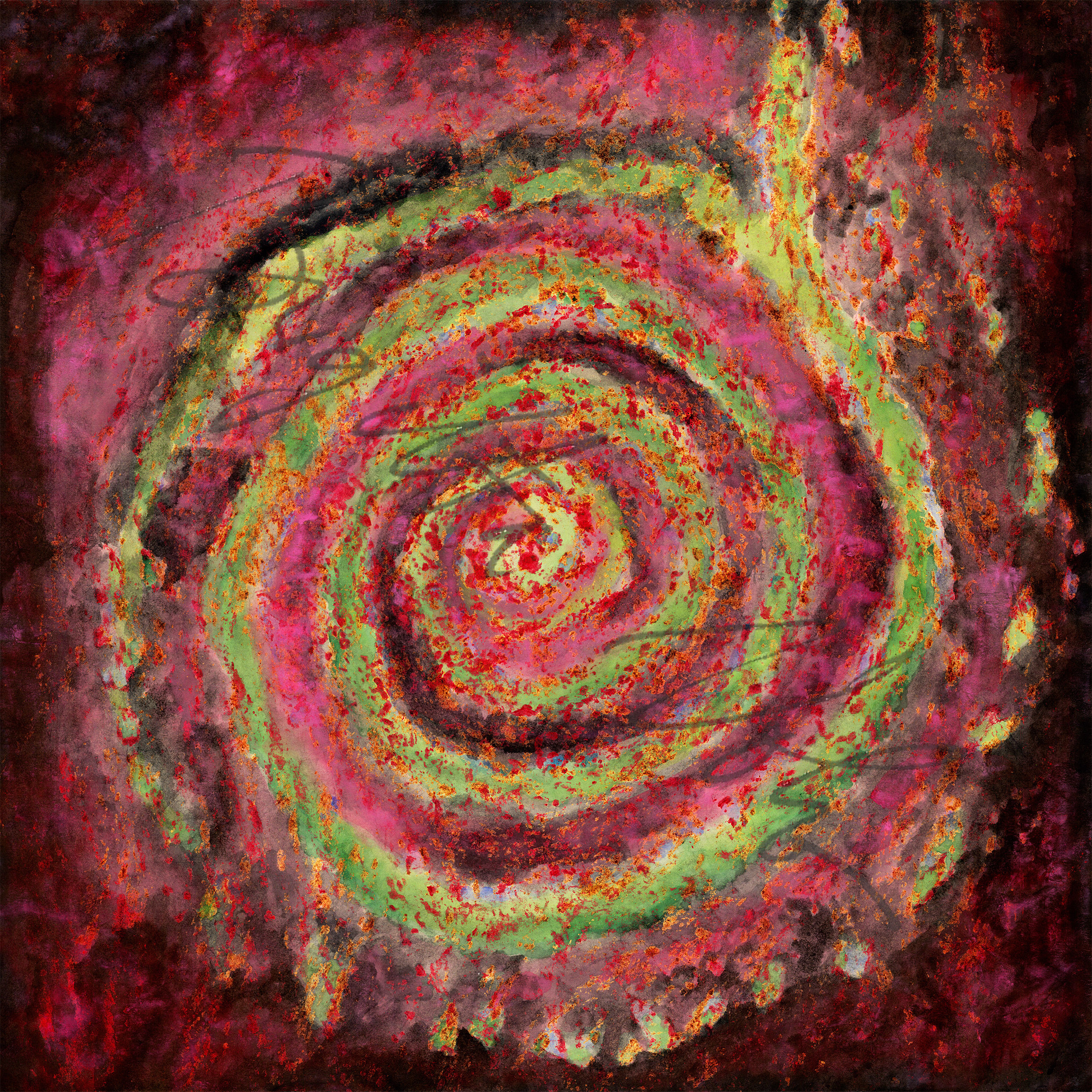 Red Galaxy, 2022, 90 x 90 cm, bark print on rice paper, digitally enhanced