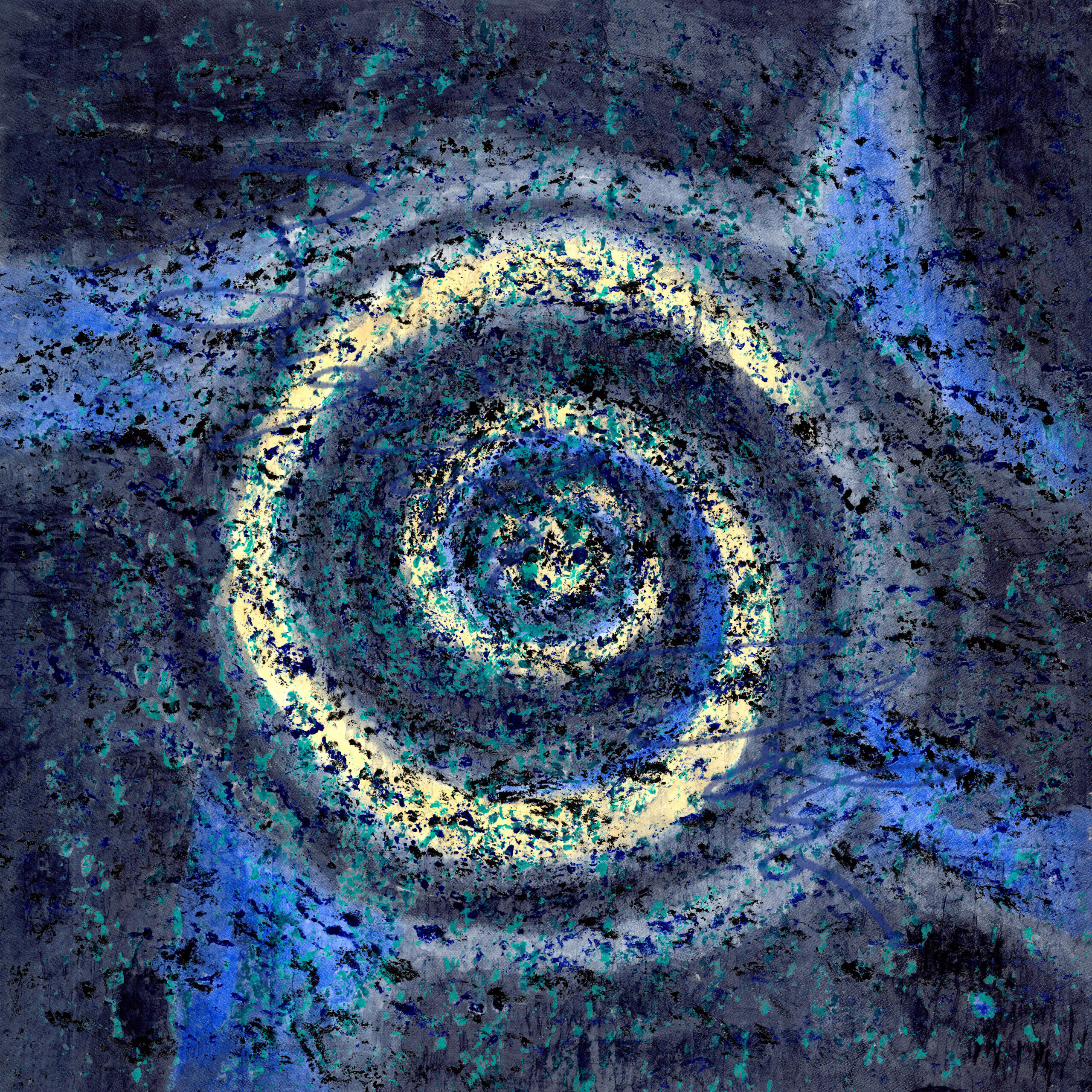 Blue Galaxy, 2022, 97 x 97 cm, bark print in 4 colours on rice paper, then painted from the back