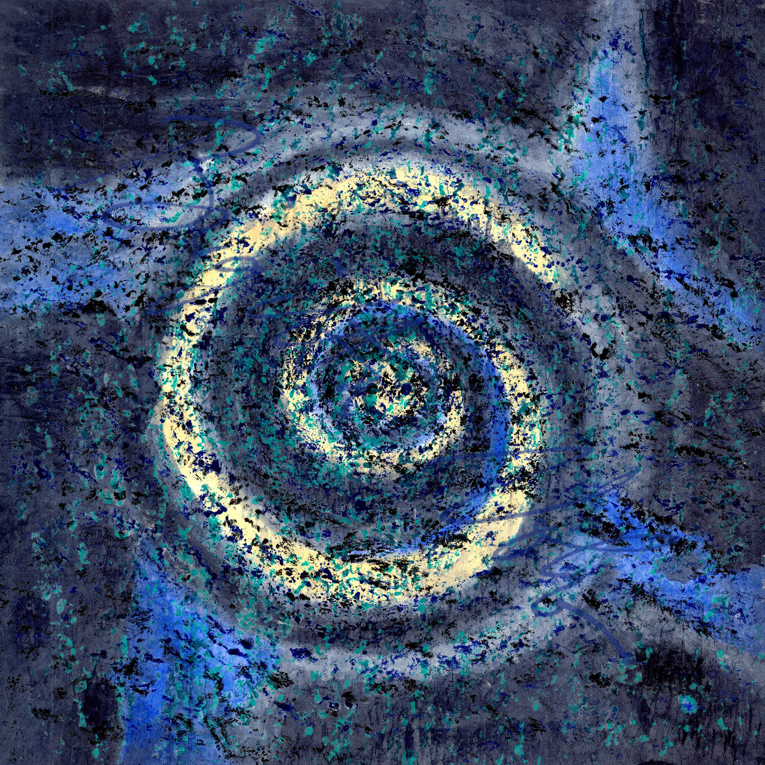 Blue Galaxy, 2022, 97 x 97 cm, bark print in 4 colours on rice paper, then painted from the back