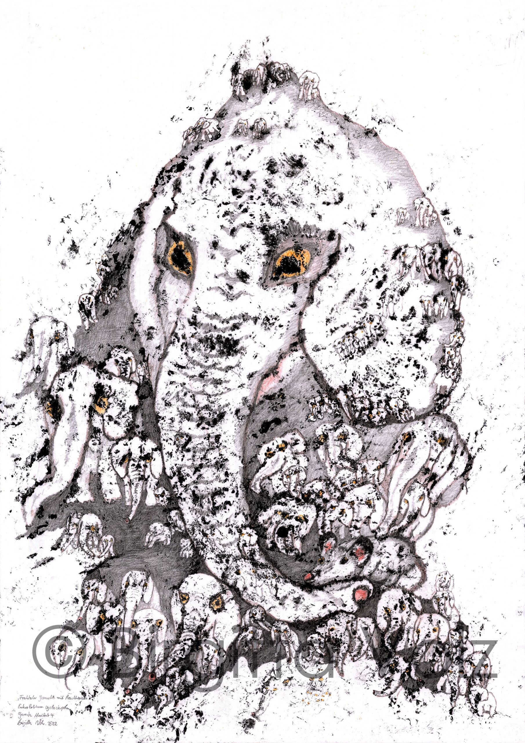 Ganesha with splendiferous Mouse, 2022, 100 x 70 cm, bark print on rice paper, worked out with colour pencils