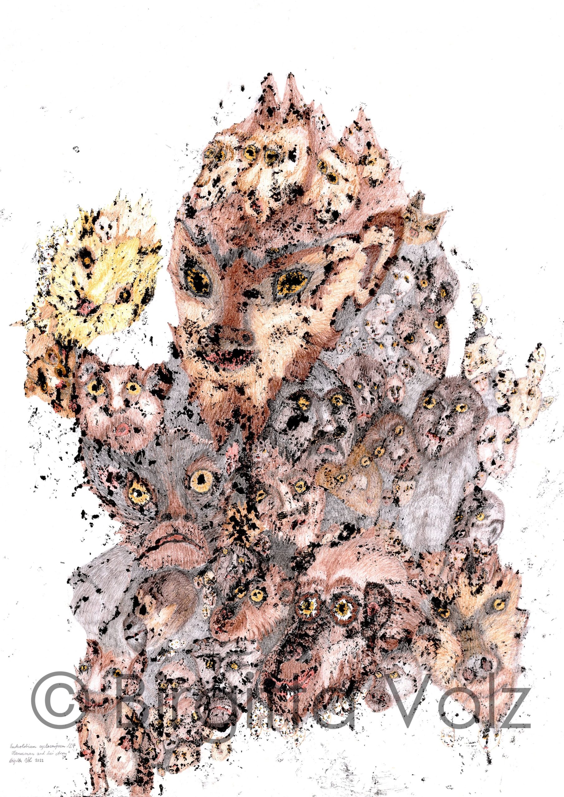 Hanuman and his Army, 2022, 117 x 84 cm, bark print on rice paper, then worked out with colour pencils