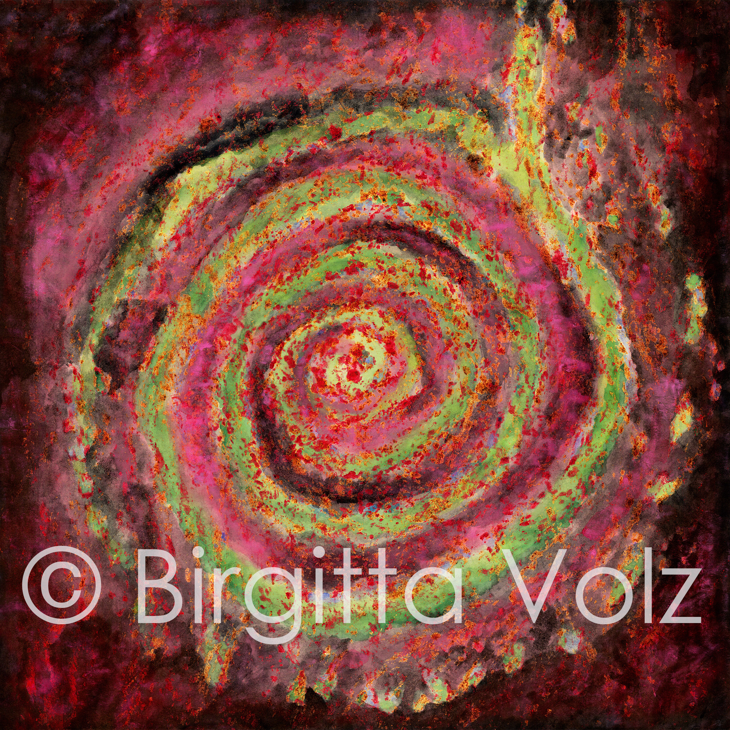 Red Galaxy, 2022, 90 x 90 cm, bark print on rice paper, digitally enhanced