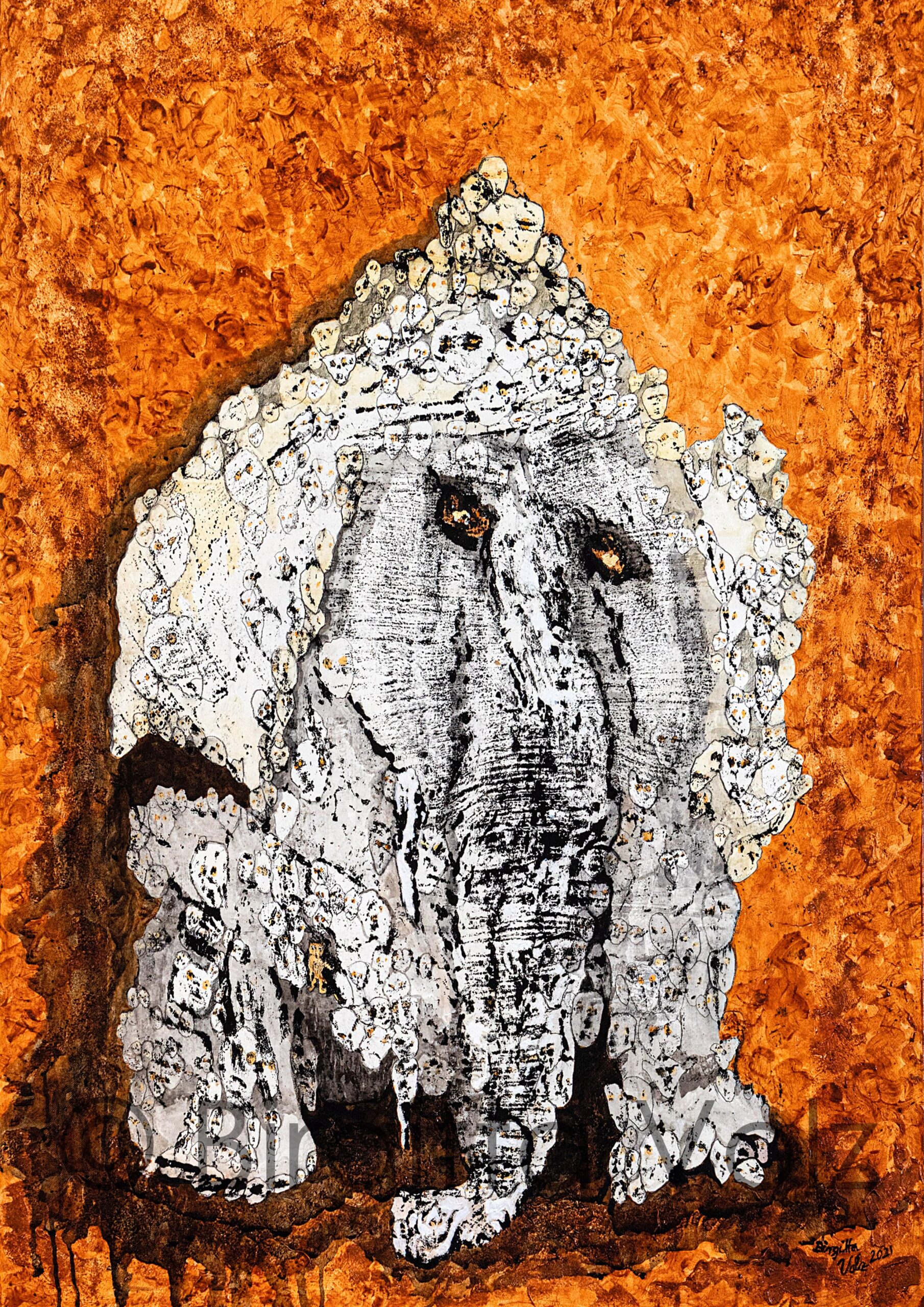 White Ganesha, 2021, 122 x 92 cm, bark print on rice paper and canvas, painted with Acrylic colours