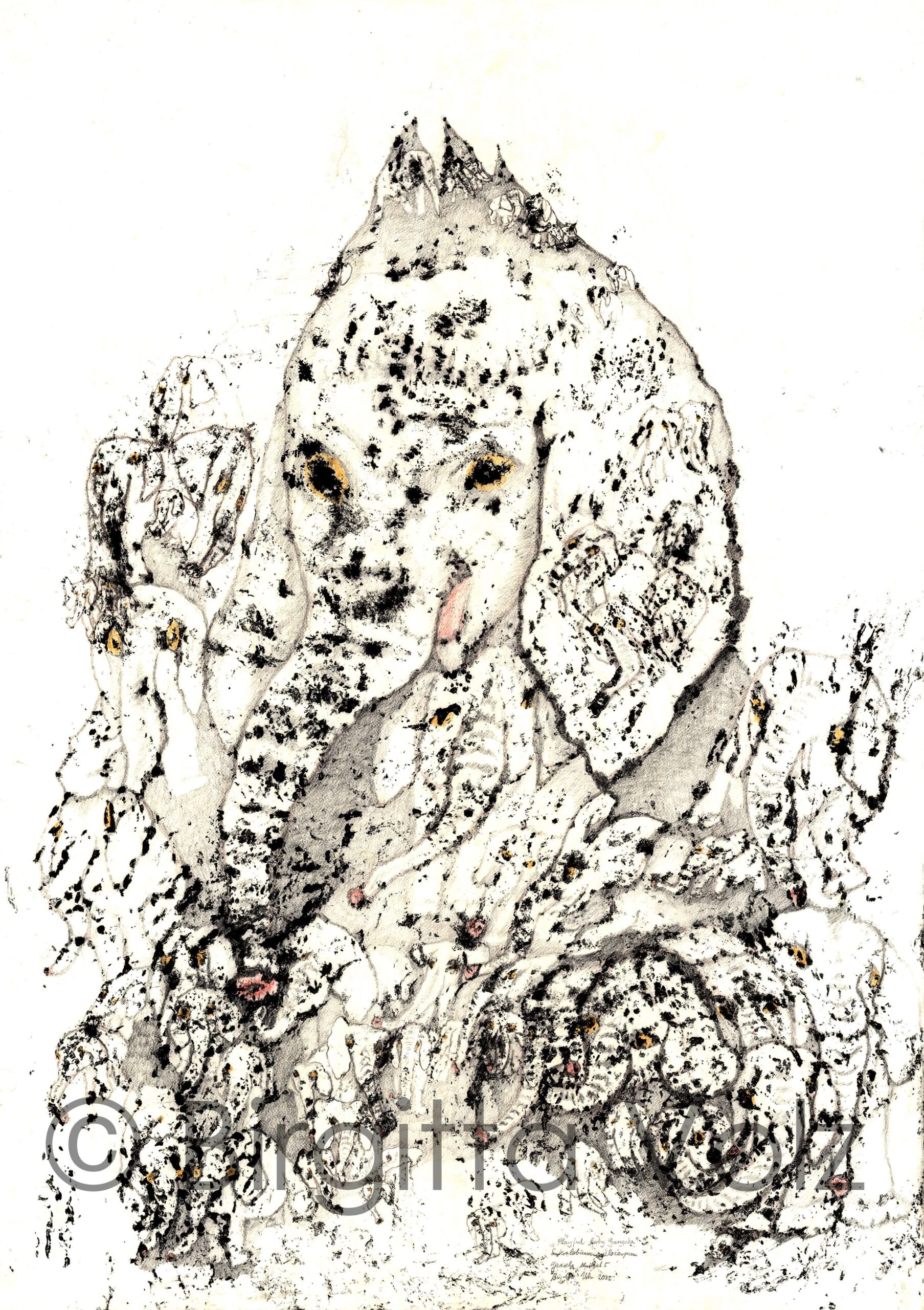 Playful Baby Ganesha, 2022, 119 x 84 cm, bark print on rice paper, worked out with colour pencils