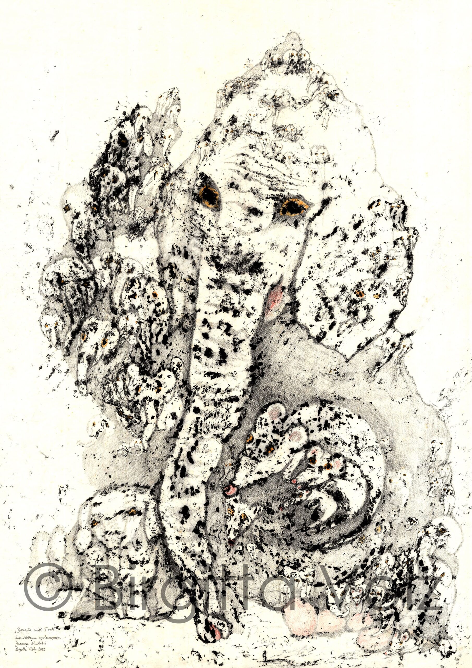 Ganesha with 7 Rats, 2022, 119 x 84 cm, bark print on rice paper, then worked out with colour pencils