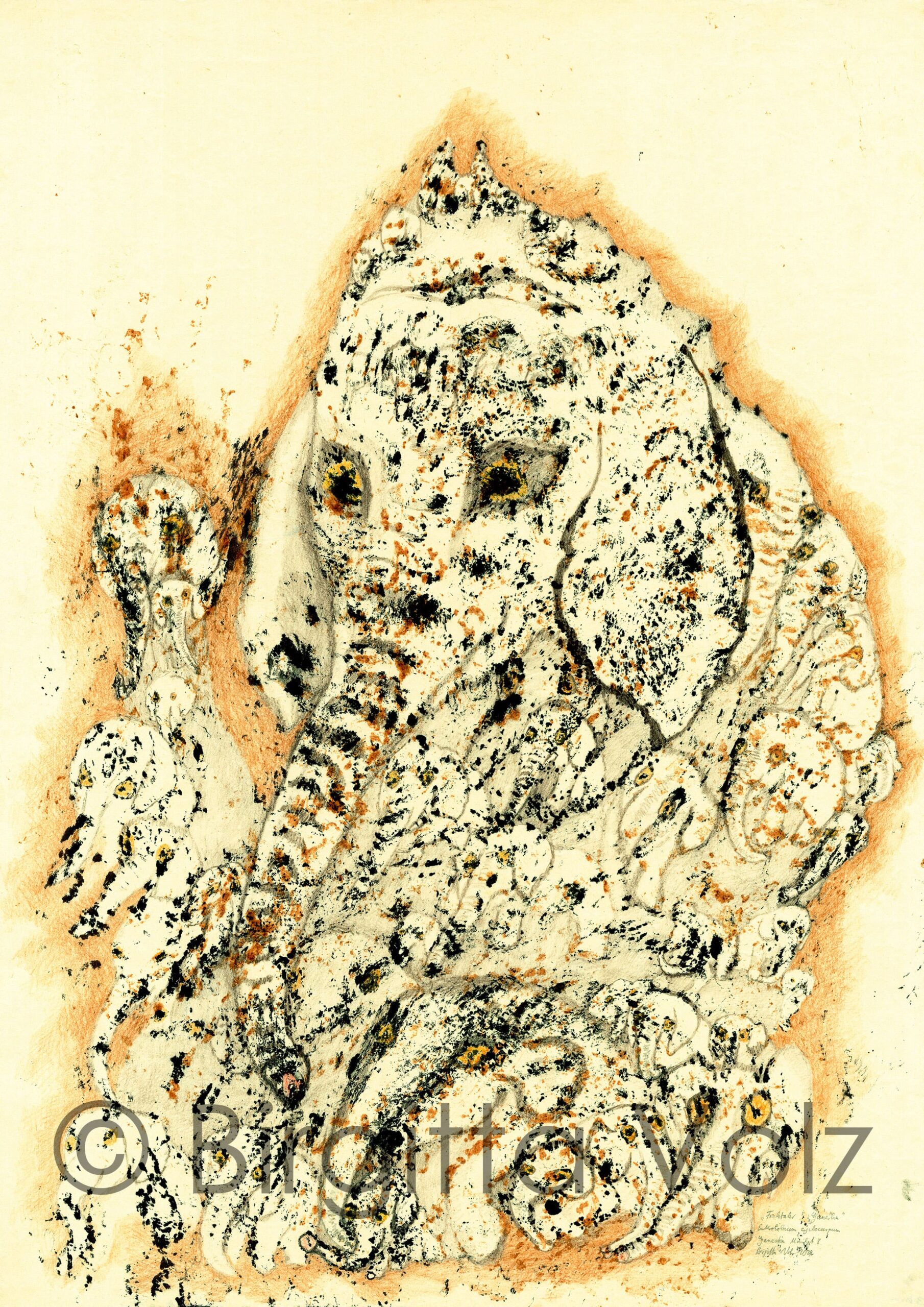 Fractal Ganesha, 2022, 118 x 84 cm, bark print on Japanese paper, then worked out with colour pencils