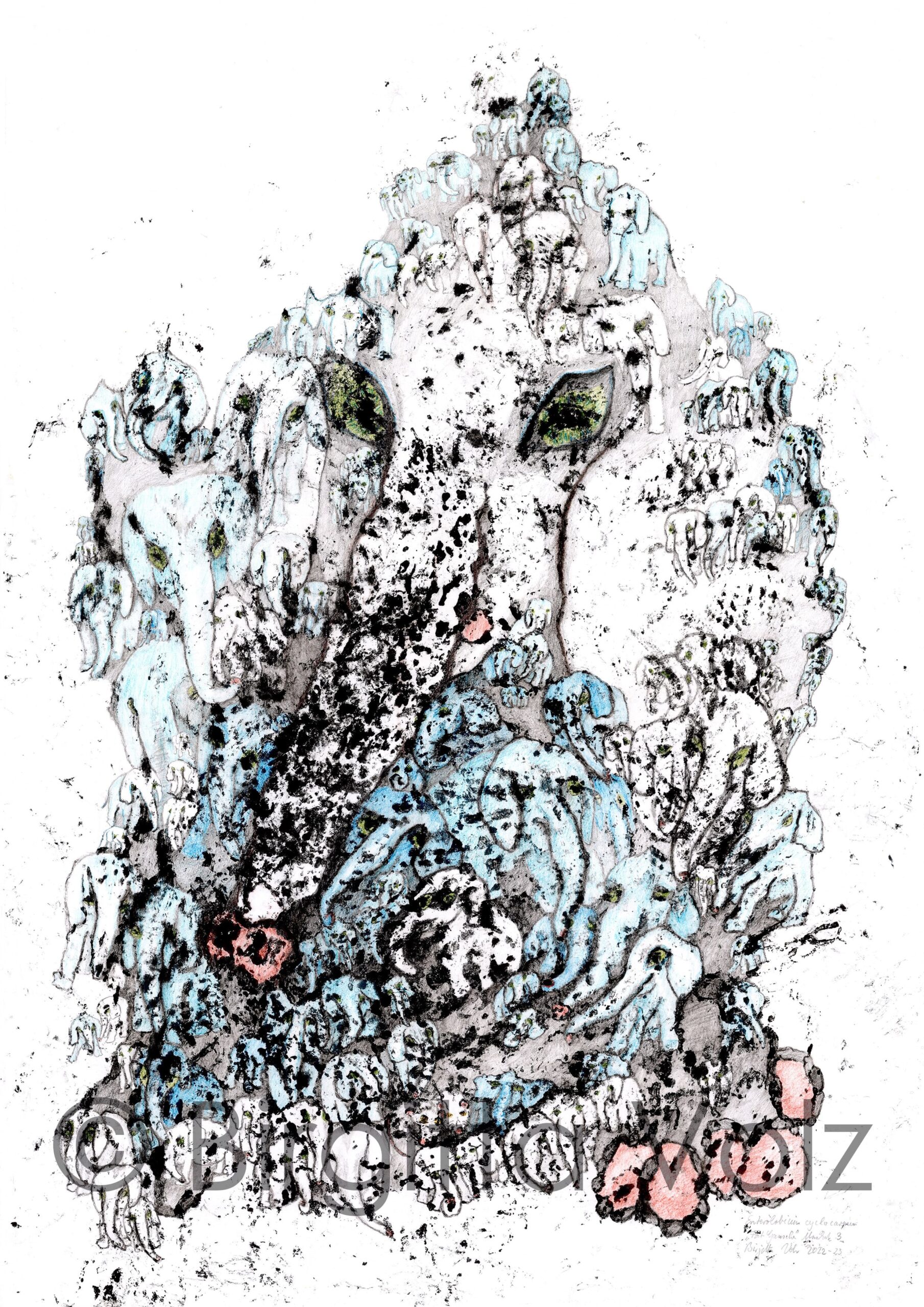 Portly Ganesha, 2022, 100 x 70 cm, bark print on rice paper, then worked out with colour pencils