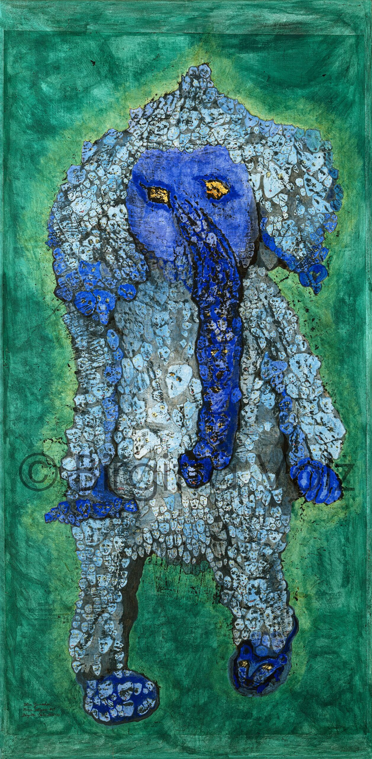 Blue Ganesha, 2021-22, 200 x 100 cm, bark print on rice paper and canvas, painted with Acrylic colours